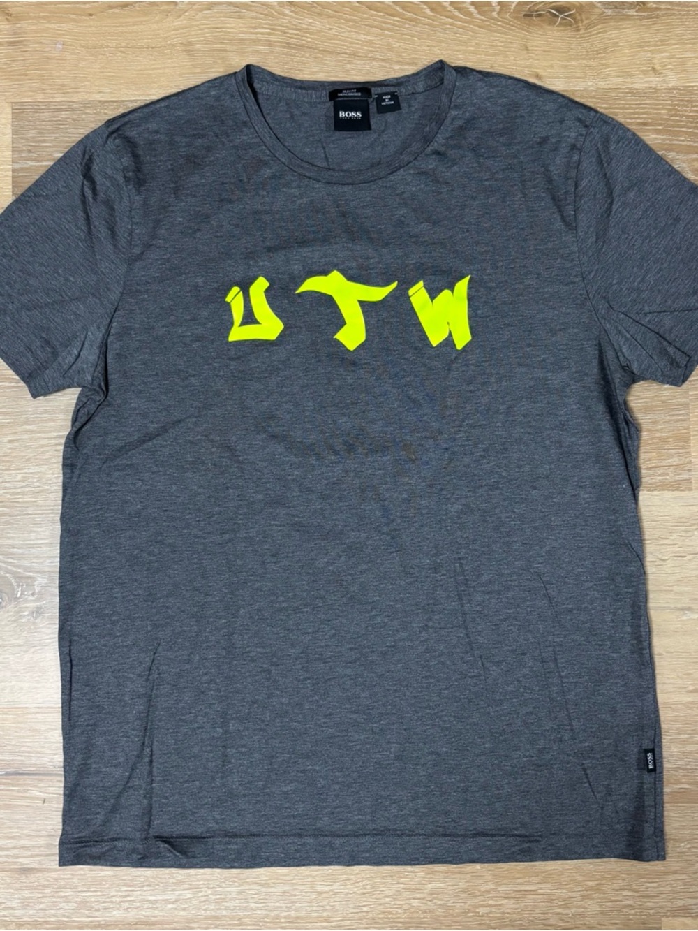 Hugo Boss Gray Short Sleeve Tee with Neon Yellow Graphic